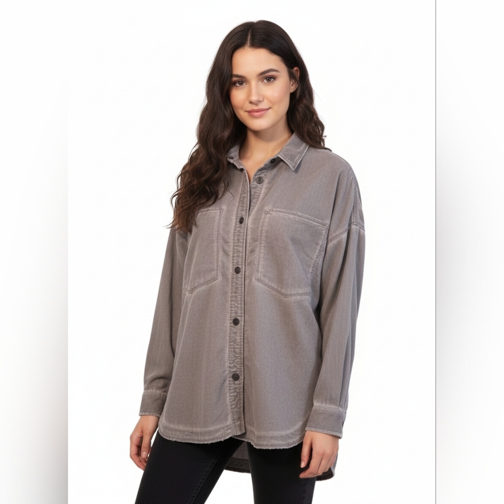 Zara Gray Burnout Distressed Hem Button-Up Women's Top Size MD Grunge Bikercore